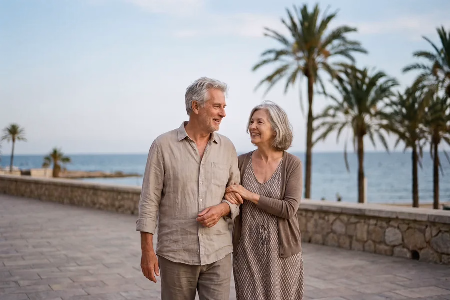Pareja jubilada paseando por un paseo marítimo español