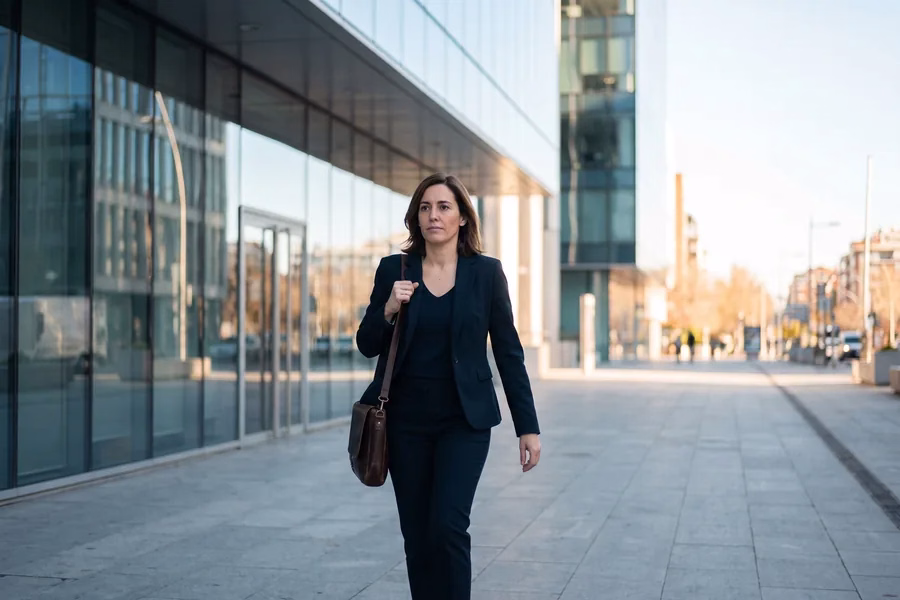 Profesional cualificada frente a un edificio de oficinas en Madrid