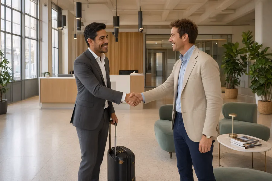 Profesional recién llegado con su maleta a la sede de su empresa en Barcelona