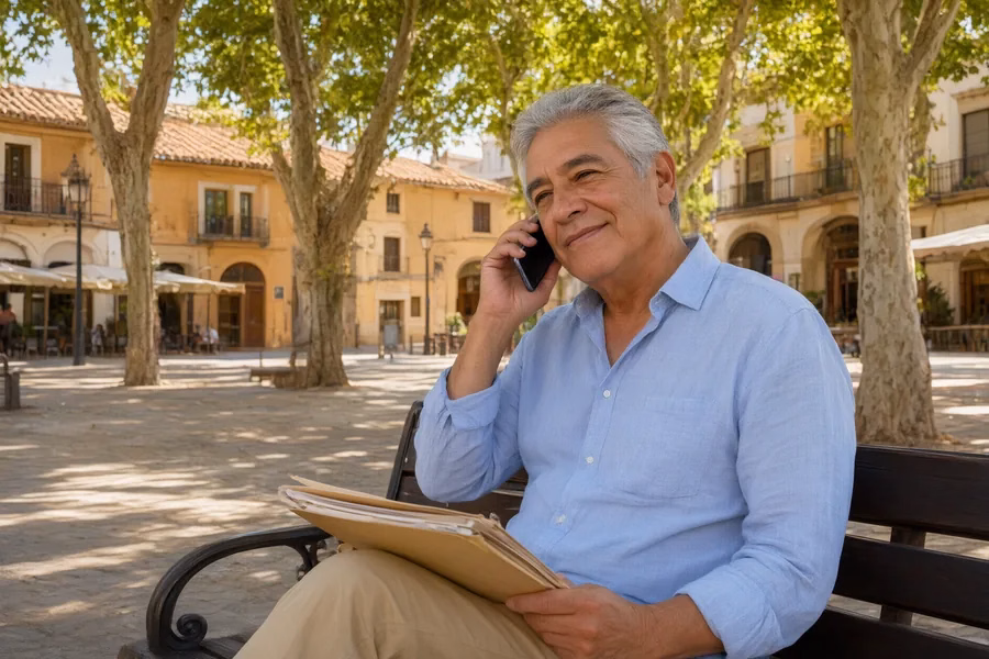Hombre mayor con sus documentos hablando por teléfono en una plaza