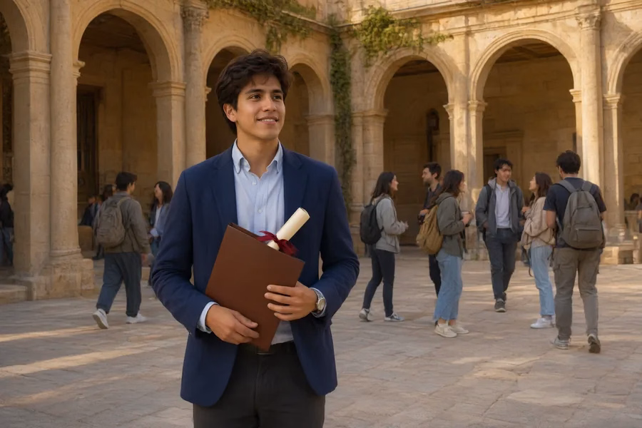 Graduado con la carpeta de su título frente a una universidad española