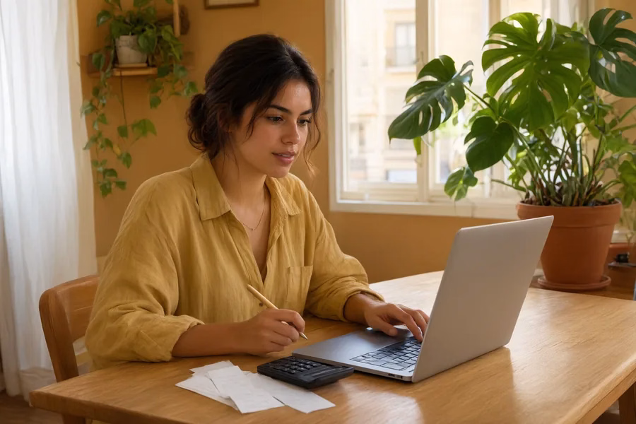 Mujer autónoma revisando sus cuentas con el portátil en casa