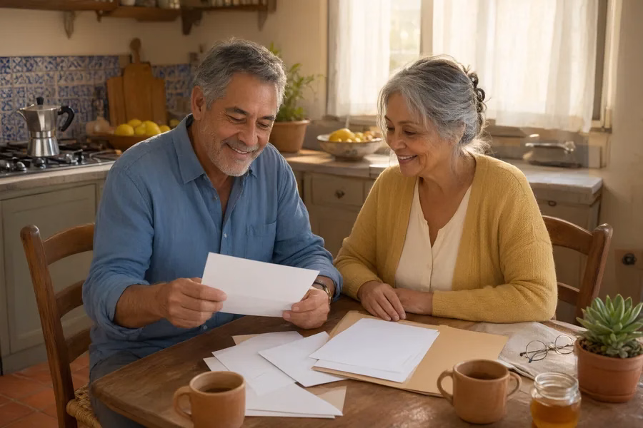 Pareja jubilada revisando sus cartas de pensión en la cocina