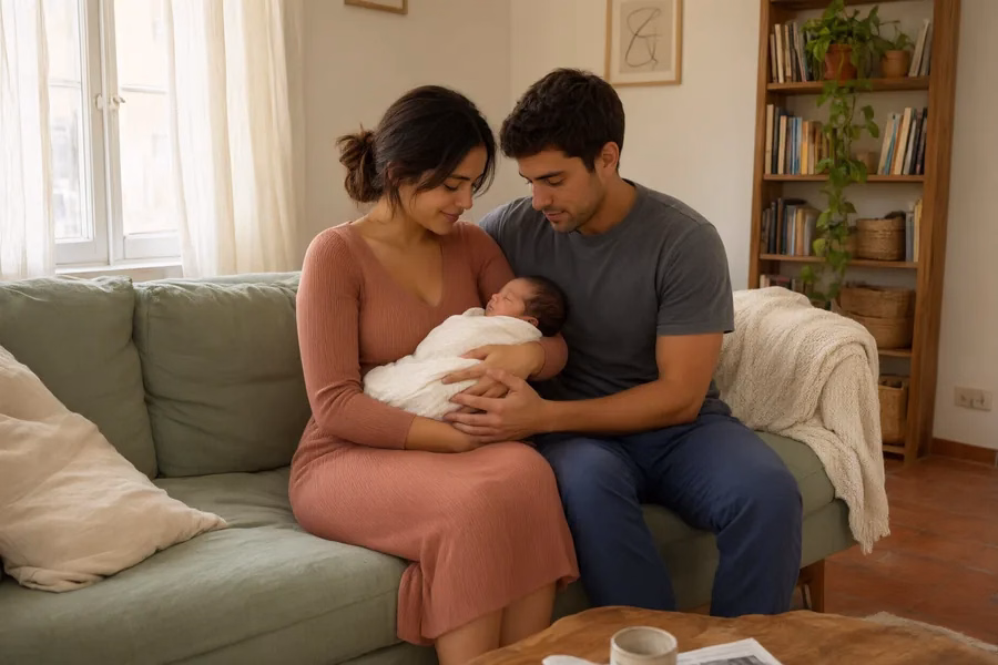 Madre y padre en casa con su bebé recién nacido