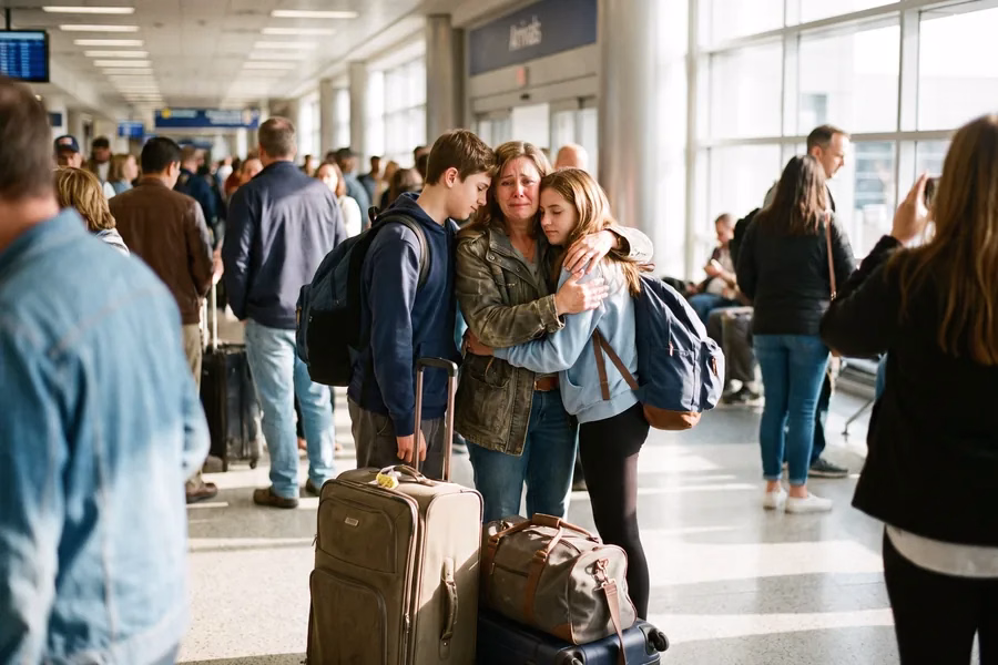Reencuentro familiar en la llegada de un aeropuerto español